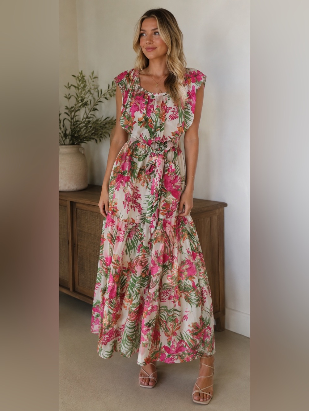 Baltic Born Lahaina Off Shoulder Tropical Floral Maxi Dress NWT M Pink Hawaiian